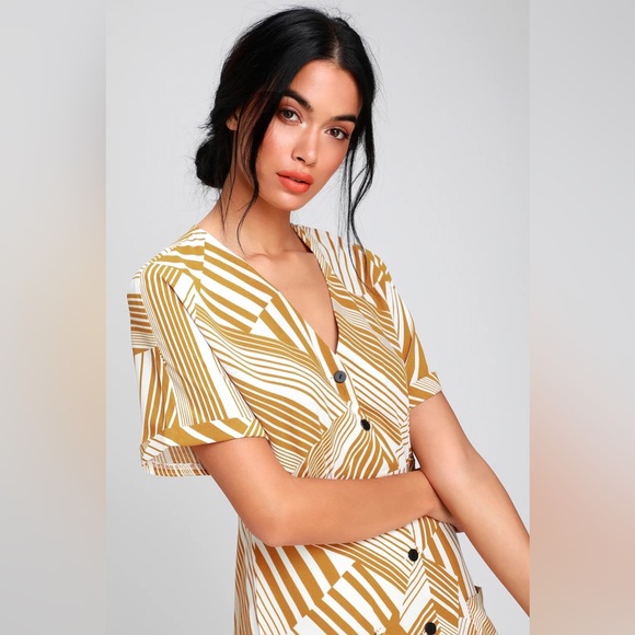 Murni Mustard Yellow Print Button-Up Midi dress - Picture 11 of 16